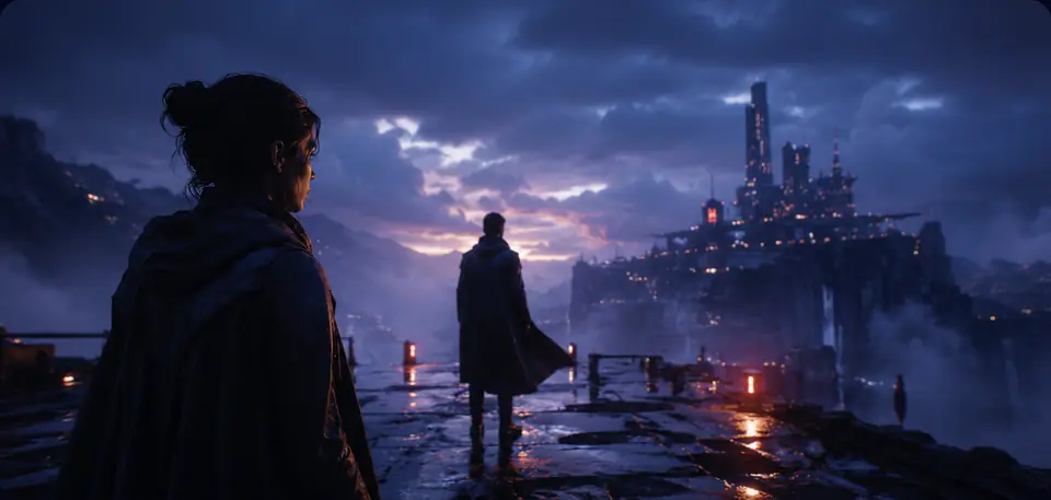 A moody cinematic still of two figures on a dock at dusk