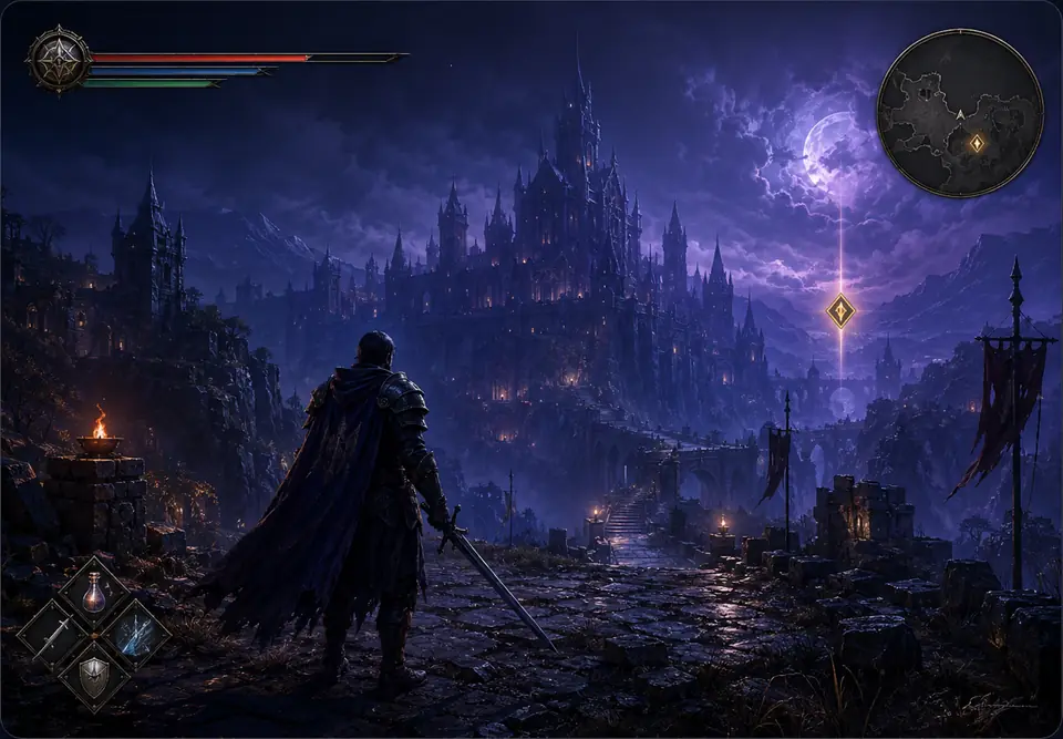 A fantasy game scene with a HUD and a large explorable city