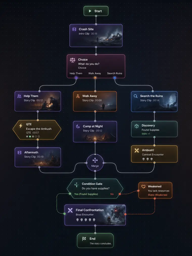 A branching node graph with choices, QTEs, state gates and multiple outcomes